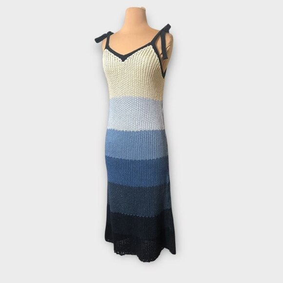 NWT Zara Knit Crochet Midi Dress M Color Block Cream Blue Bow NEW V Neck Bow - Picture 2 of 10